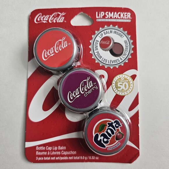 COCA COLA new LIP BALM TRIO bottle caps LIP SMACKERS flavored CHERRY strawberry - Picture 1 of 2